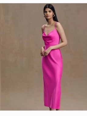 BHLDN Cali Satin Cowl-Neck Midi Slip Dress in Hot Pink, Size 8